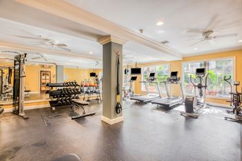 Fully-equipped fitness center with cardio and weight training and audio/video system